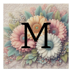 Póster Naranja gerbera daisises de encaje floral rosa mon