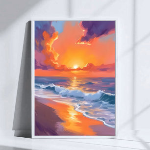 Póster Naranja Golden Hour Sunset Beach Ocean Painting
