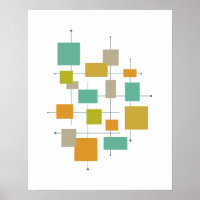 Naranja Green Turquoise Squares Lines Mid Siglo