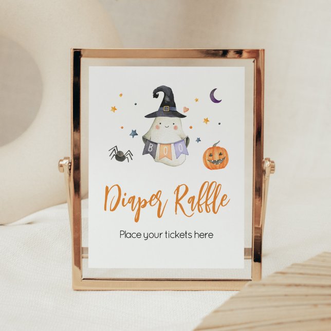 Póster Naranja Halloween Fantasma Pequeño Boo Diaper Raff (Little Boo Baby Shower Diaper Raffle Sign)