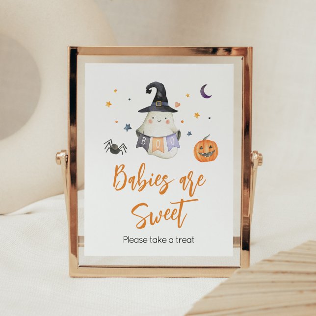 Póster Naranja Halloween Fantasma Pequeños bebés son dulc (Little Boo Baby Shower Babies are Sweet Sign)