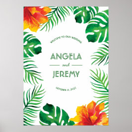 Póster Naranja Hibiscus y Boda de las hojas tropicales