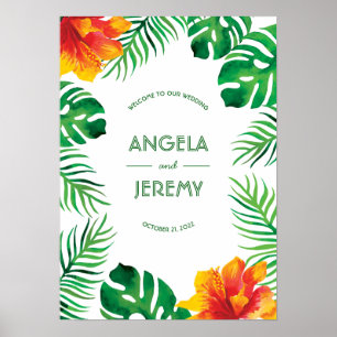 Póster Naranja Hibiscus y Boda de las hojas tropicales