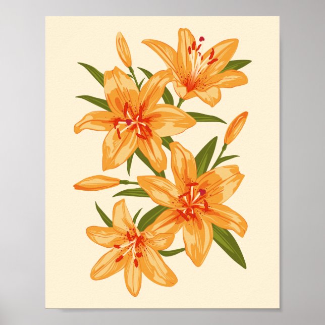 Póster Naranja Lilies. Ilustracion de flores (Frente)