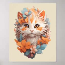 Póster Naranja lindo Floral Kitty Cat