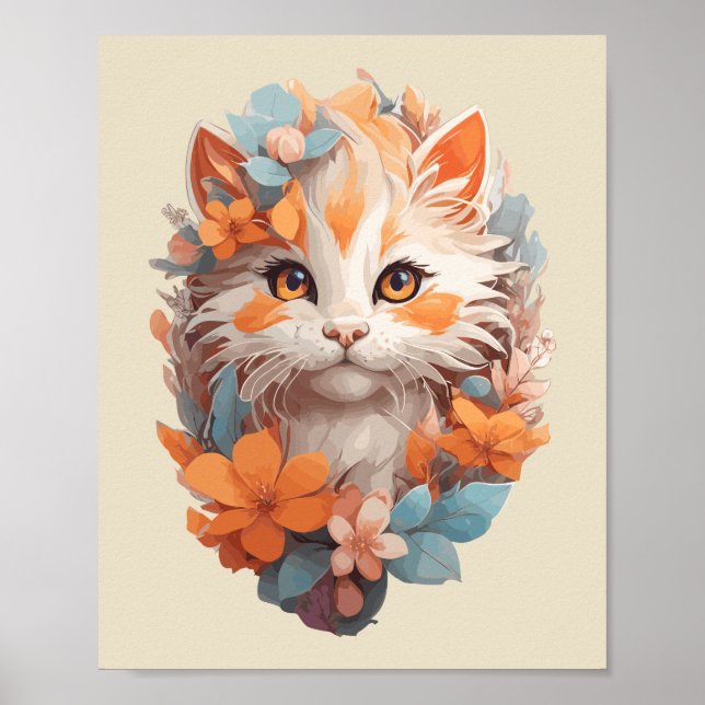 Póster Naranja lindo Floral Kitty Cat (Frente)