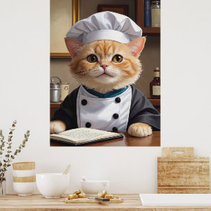 Póster Naranja lindo Tabby Cat Chef Cocinar Ilustracion