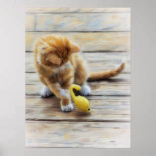 Póster Naranja lindo Tabby Kitten Mouse Play Poster de ar