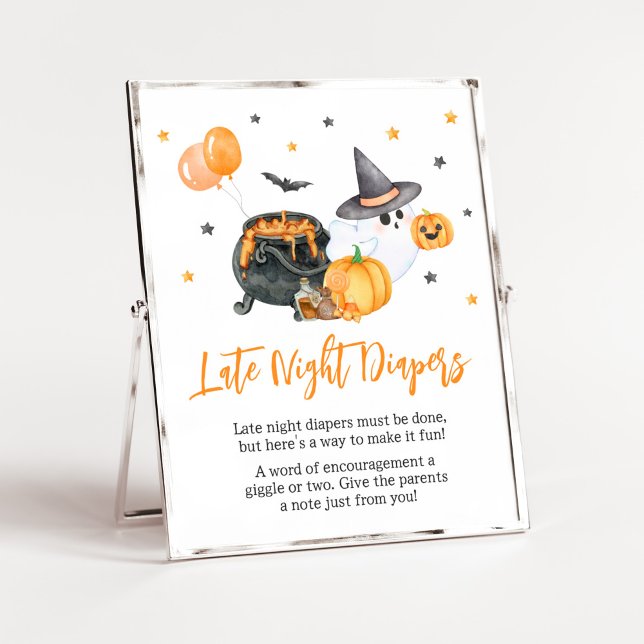Póster Naranja Little Boo Ghost Late Night Diapers (Ghost Halloween Baby Shower Late Night Diapers Sign)