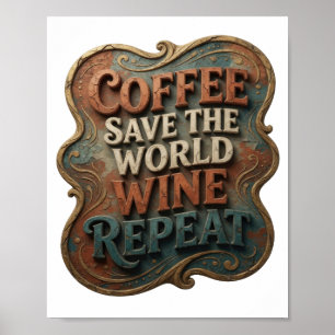 Póster Naranja Moderna CAFE SALVA EL MUNDO VINO REPITE