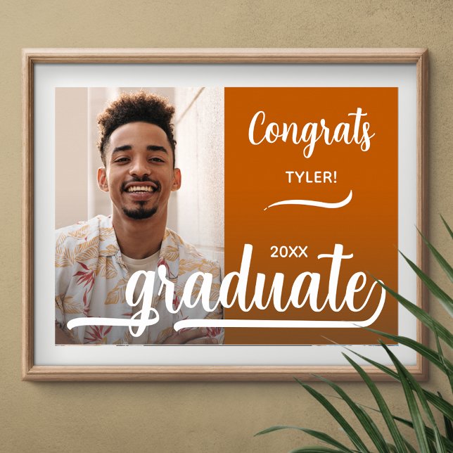 Póster Naranja moderno de graduación fotográfica quemada (Congrats Graduate orange poster with your photo, INSTANT DOWNLOAD and/or PRINTED)