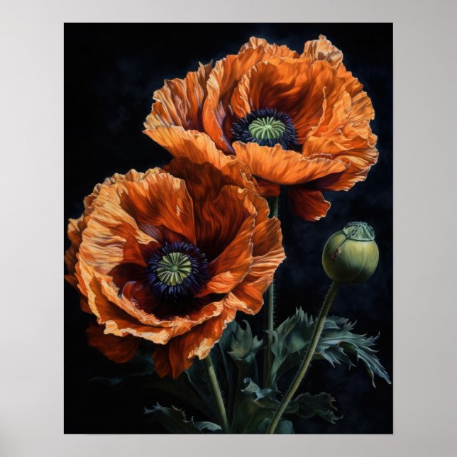 Póster Naranja Oriental Flores de amapola Poster de impre (Frente)