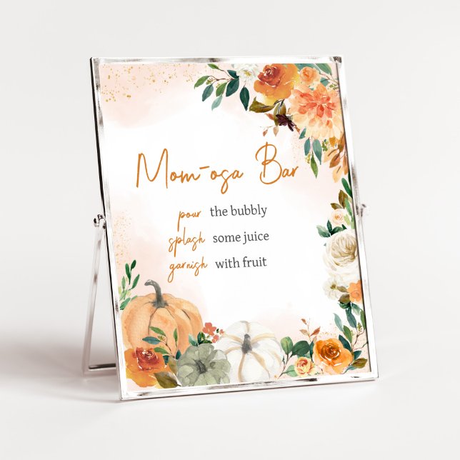 Póster Naranja Otumt Fall Floral Pumpkin Mom Osa Bar (Autumn Floral Pumpkin Baby Shower Mom Osa Bar Sign)
