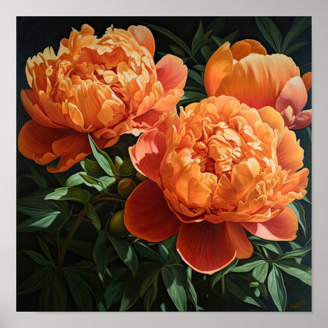 Póster Naranja Peonies Flower Art Print Poster (Frente)