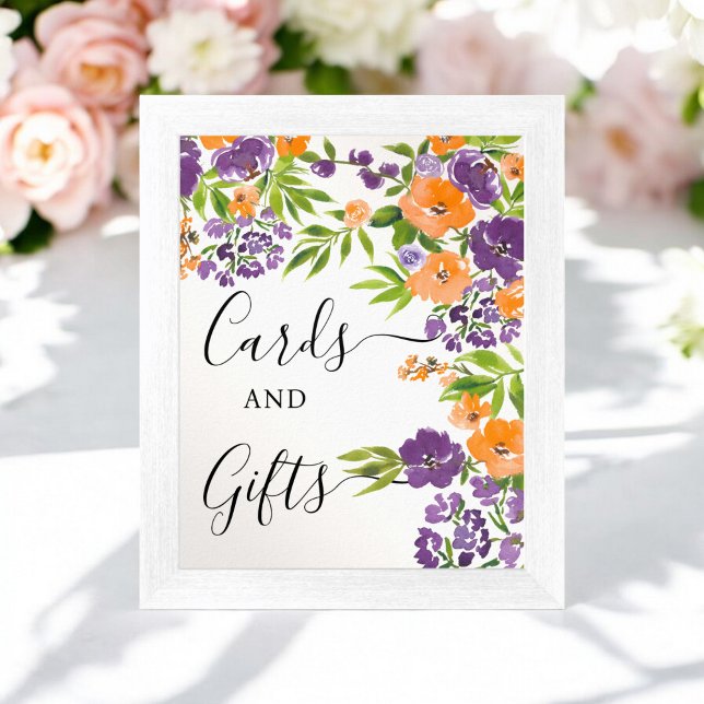Póster Naranja Pintado A Mano Floral Bridal Shower (Hand Painted Purple Orange Floral Bridal Shower Poster)