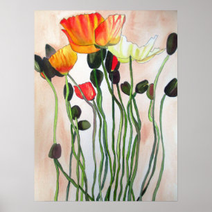 Póster Naranja Poppies flor acuarela original