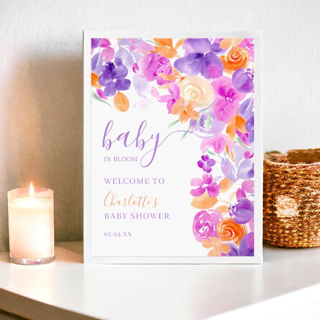 Póster Naranja púrpura pastel bienvenida floral ducha beb (Pastel purple orange floral welcome baby shower poster)