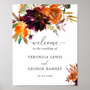 Póster Naranja quemado Floral Rústico Boda de bienvenida 