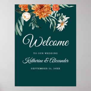 Póster Naranja quemado verde azulado Elegante Boda de bie