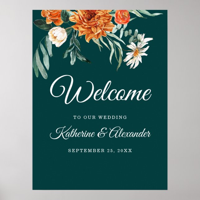 Póster Naranja quemado verde azulado Elegante Boda de bie (Frente)