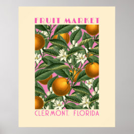 Póster Naranja retro florece mercado de frutas rosa