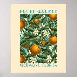 Póster Naranja retro florecimiento mercado de frutas azul