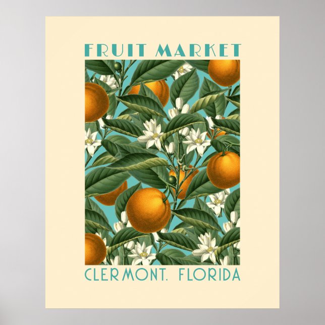Póster Naranja retro florecimiento mercado de frutas azul (Frente)
