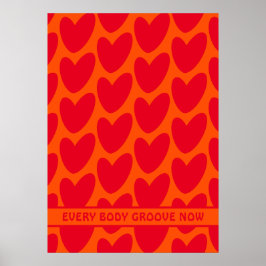 Póster Naranja retro y corazones rojos groovy