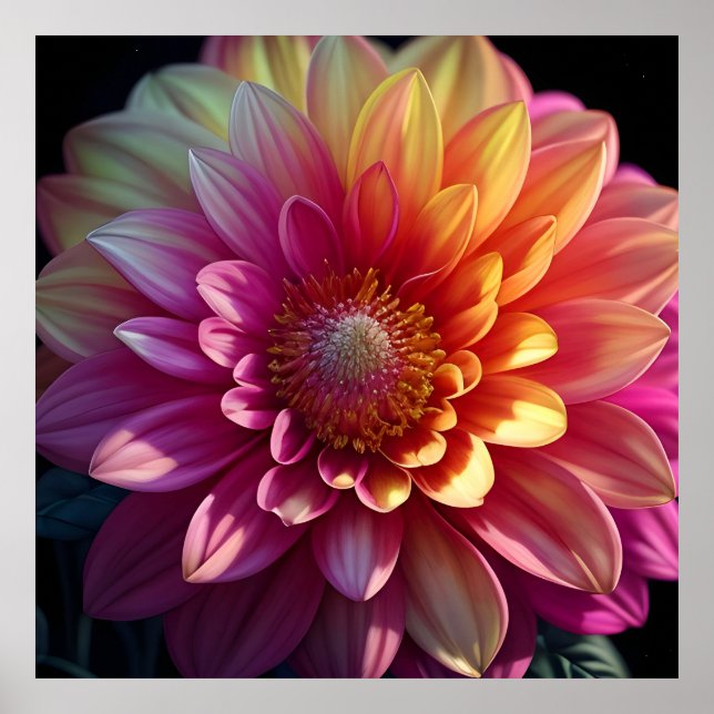 Póster Naranja Rojo Rosa Morado Amarillo Flor Dahlia (Frente)
