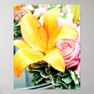 Póster naranja rosa de flores de boda rosadas