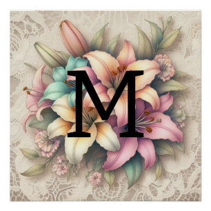 Póster Naranja rosa floral de encaje monograma lirios ver