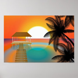 Póster Naranja Sunset Beach con Palm Tree Hut