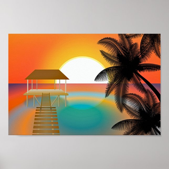 Póster Naranja Sunset Beach con Palm Tree Hut (Frente)