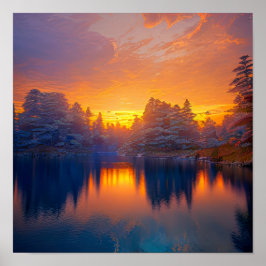 Póster Naranja Sunset en el tranquilo lago Forestal