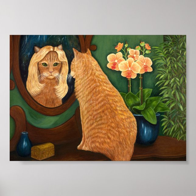 Póster Naranja Tabby Cat and Mirror (Frente)