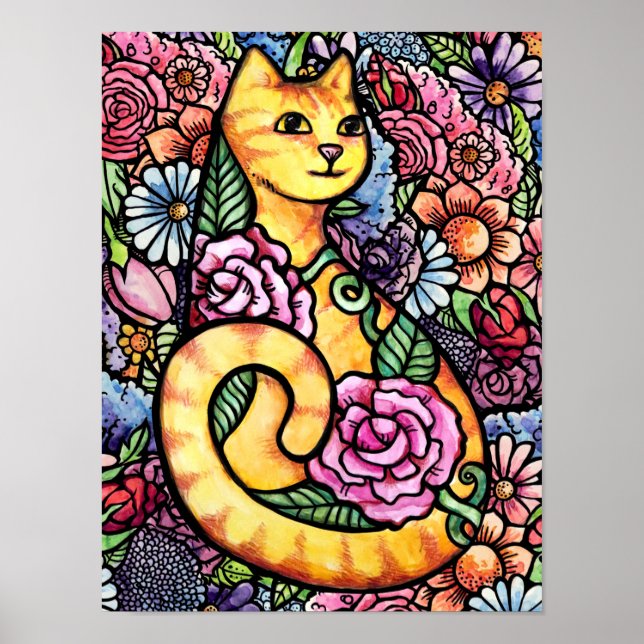 Póster Naranja Tabby Cat Flower Garden (Frente)
