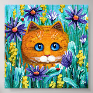 Póster Naranja Tabby Cat Purple Aster Flores Creacionarts