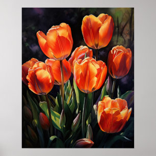 Póster Naranja Tulip Flowers Art Print Poster