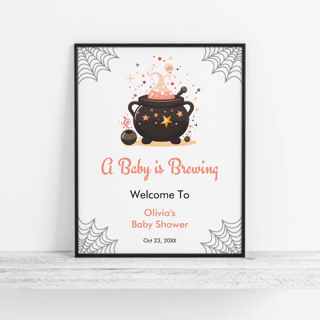 Póster Naranja Un bebé está preparando la bienvenida a Ba (Orange A Baby is Brewing Cauldron Halloween Gender Neutral Baby Shower Welcome Sign  )