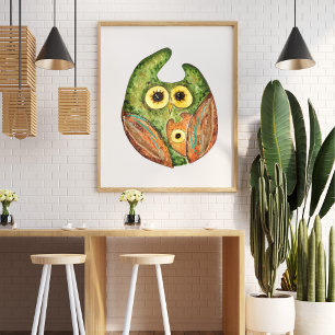 Póster Naranja verde de búho de color agua graciosa