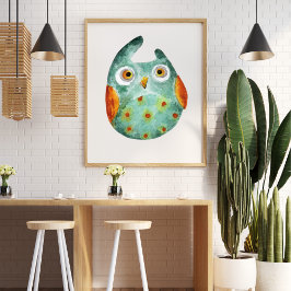 Póster Naranja verde de búho de color agua graciosa