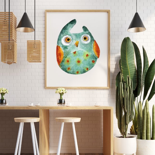 Póster Naranja verde de búho de color agua graciosa (Subido por el creador)