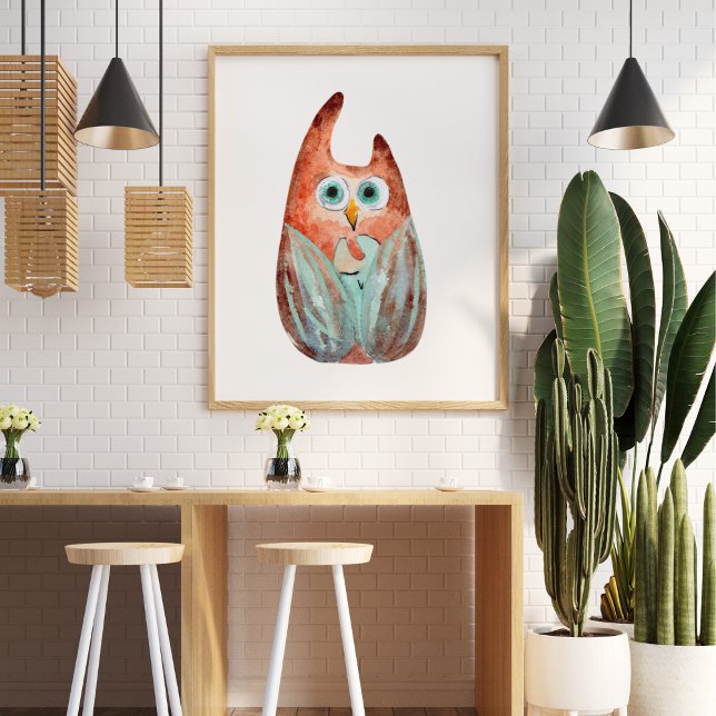 Póster Naranja verde de búho de color agua graciosa (Subido por el creador)