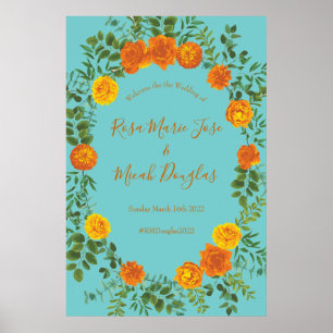 Póster Naranja y Aqua Boda Floral Moderna