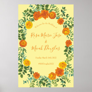 Póster Naranja y Boda floral Rosa de color amarillo claro