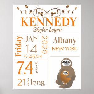 Póster Naranja y Brown Sloth Baby Stats Poster