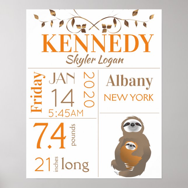 Póster Naranja y Brown Sloth Baby Stats Poster (Frente)