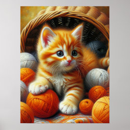 Póster Naranja y gatito blanco jugando en yarn