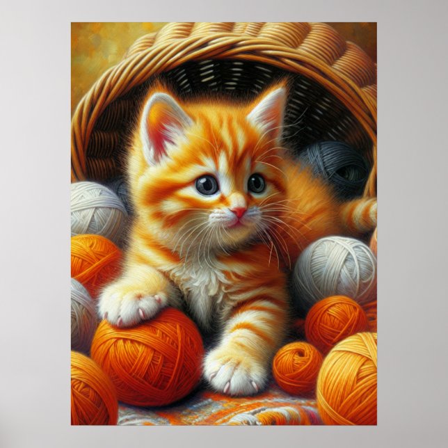 Póster Naranja y gatito blanco jugando en yarn (Frente)