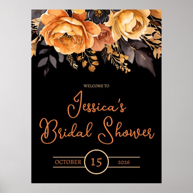 Póster Naranja y negro, Halloween, Floral Bridal Shower (Frente)